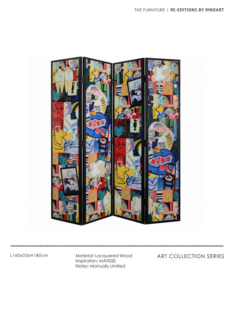 YA013 - Lacquered Wood Hand-painted "Fauvism Vintage Screen" Abstract Colors ART DECO Partition Background Decoration