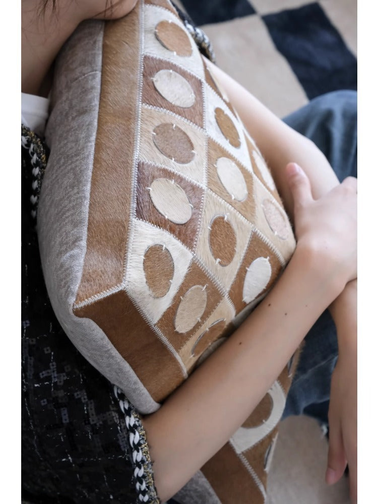 BD075 （Pair Set） - Genuine Cowhide "Wealthy Copper Coin/Peace Gingko" Hand-Sewn Leather Sofa Pillow