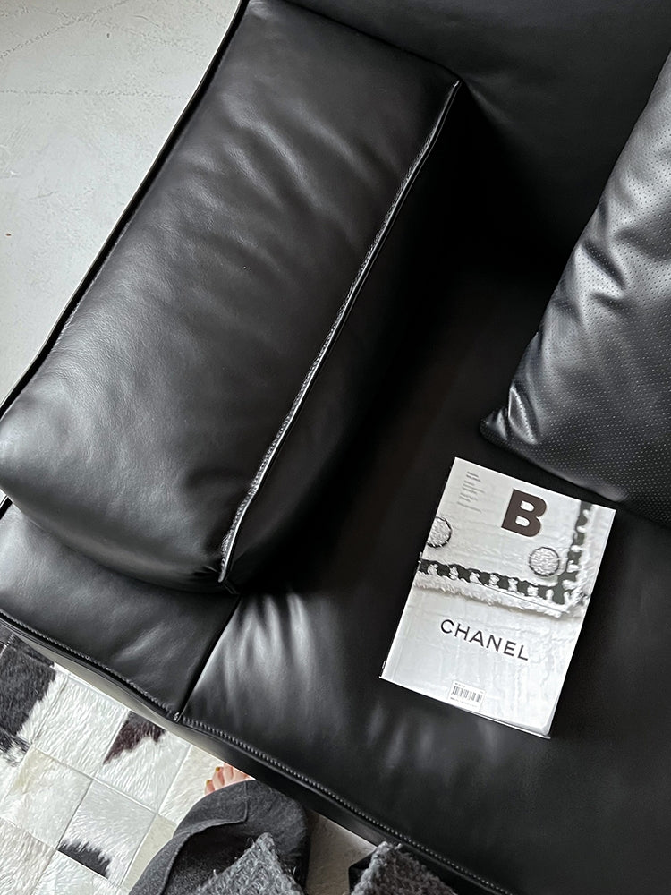 CH045 - Italian Black Leather Sofa: Premium Cowhide, Designer Luxe, Small Living Room