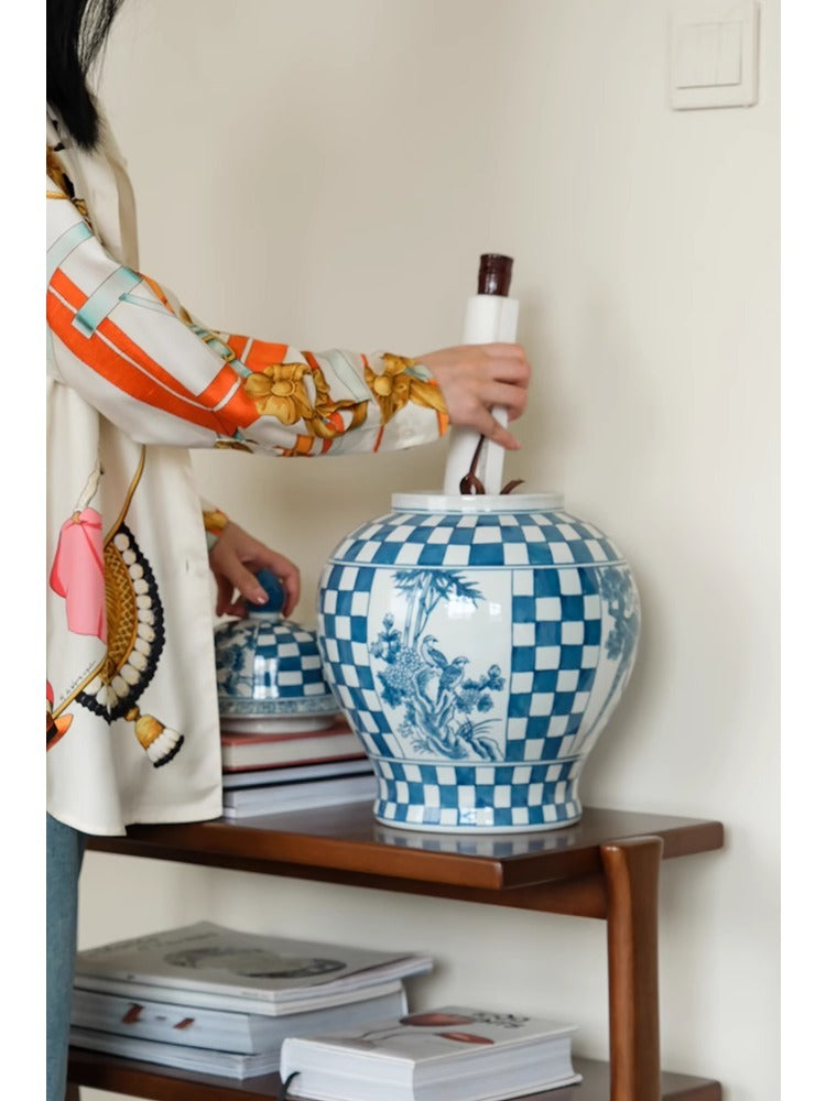 DC092 - Home Decor "Double Happiness" Blue and White Porcelain Chessboard General Jar Storage New Chinese Style Decoration Vase