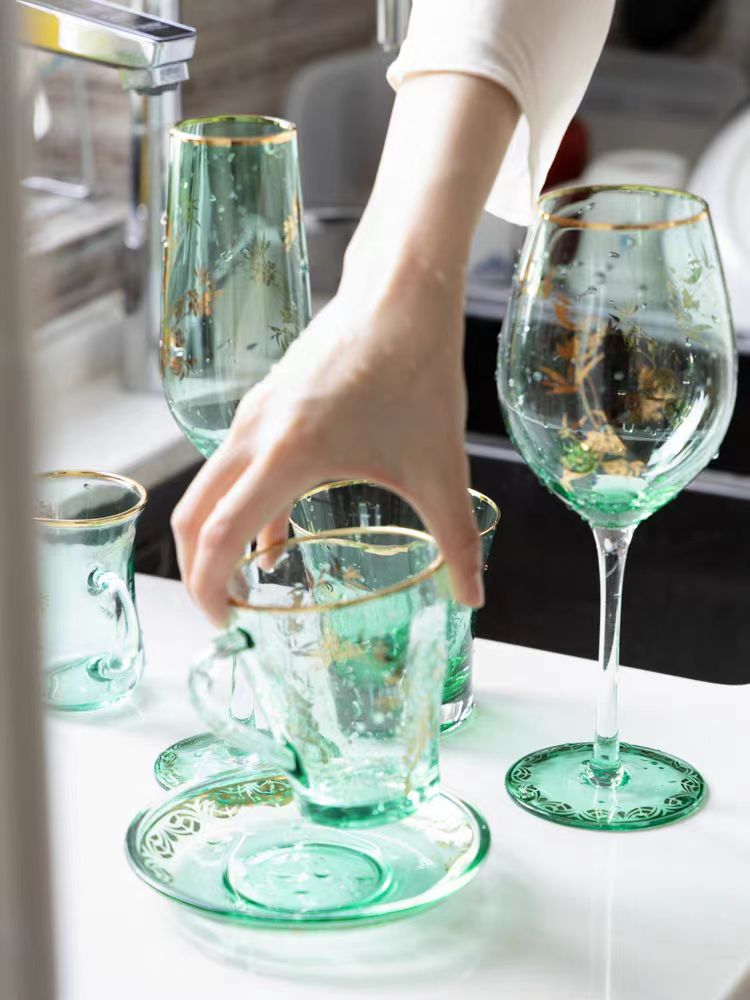 DC293 (Set) - Venice Antique Collection "Green Gilded" Water Cup Red Wine Glass Champagne Glass Coffee Cup Juice Tea Cup