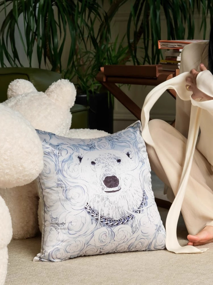 BD063 - Exclusive Healing "Polar Bear and Blue Rose" Silk Pillow
