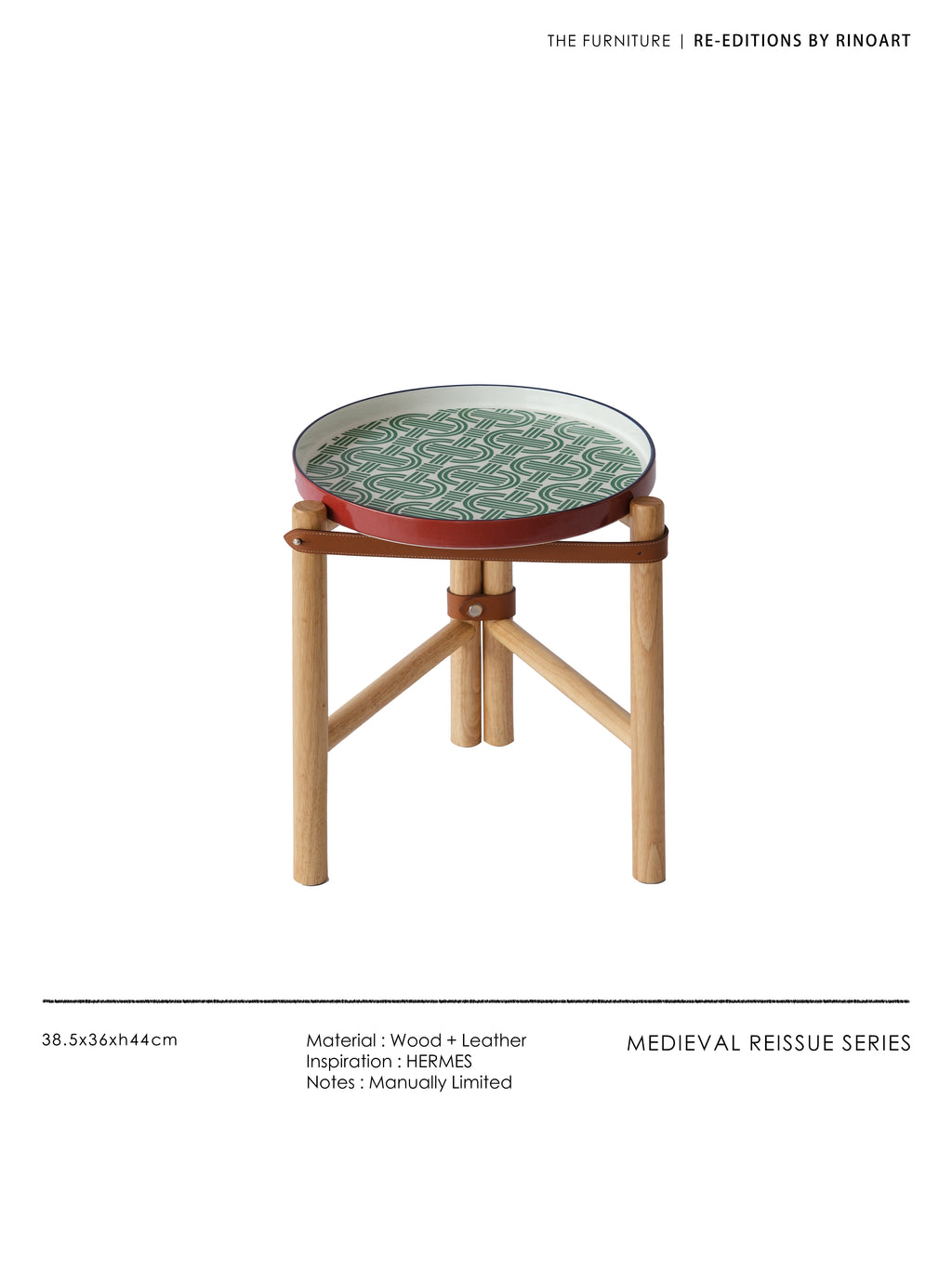 YA019 - Side Table - Vintage Olive Green Pig Nose Lock Chain Porcelain Solid Wood Top Grain Saddle Leather Detachable Tray Living Room Coffee Table