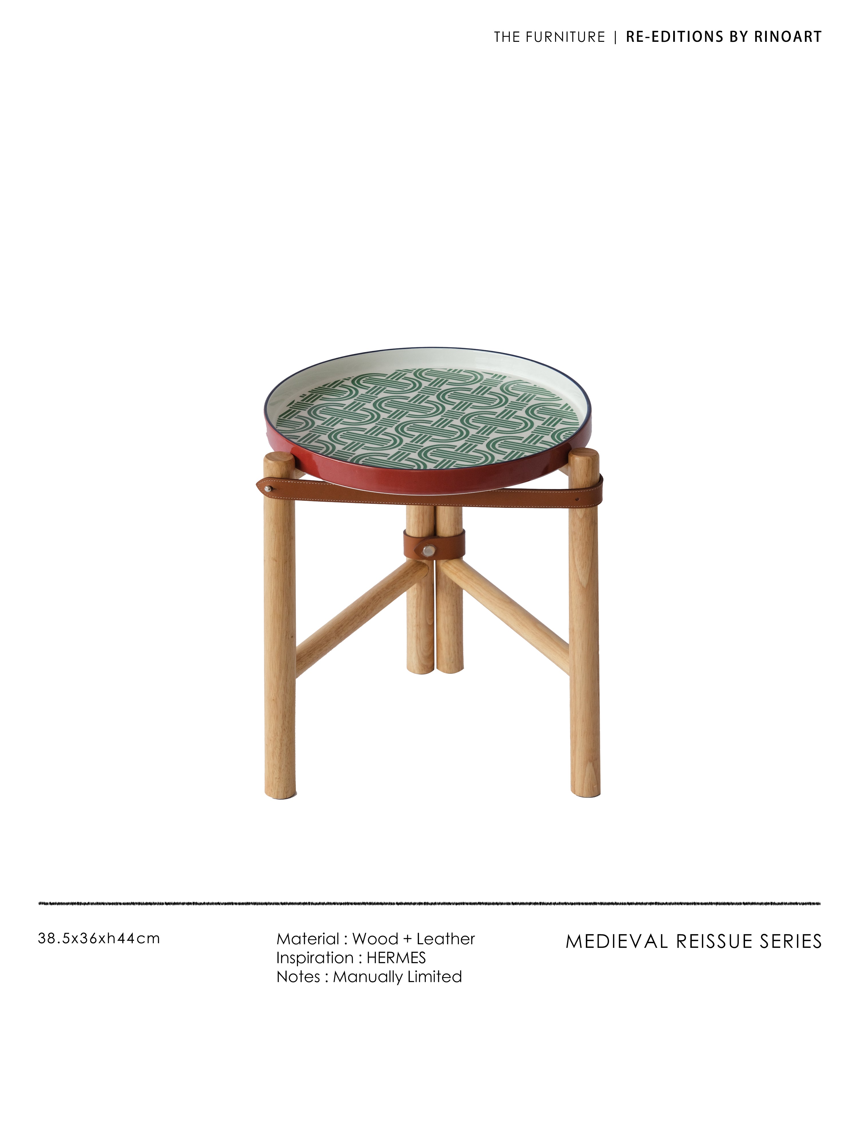 YA019 - Side Table - Vintage Olive Green Pig Nose Lock Chain Porcelain Solid Wood Top Grain Saddle Leather Detachable Tray Living Room Coffee Table