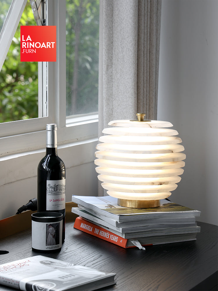 LA036 - Spanish Natural Marble "Honeycomb Mica" Luxury Stone Brass Touch Three-color Light Bedroom Table Lamp