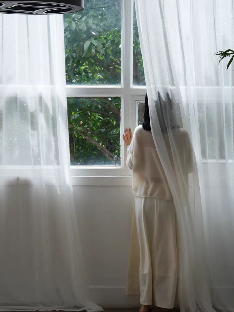 FS012 - Classic "Wind Fabric" Point Embroidery Relief Fine Grid Translucent Sheer Curtains Floor-to-Ceiling Window Curtains