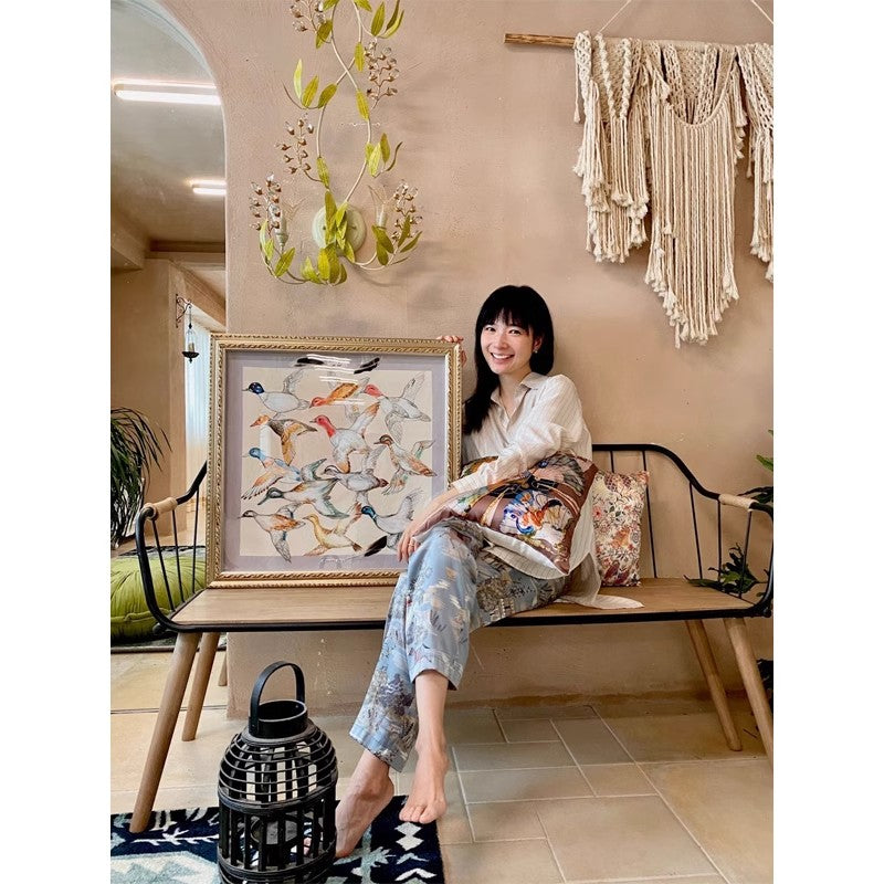 AH050 - Luxury Art Silk Scarf Painting with Genuine Feather Inlay, Unique Décor