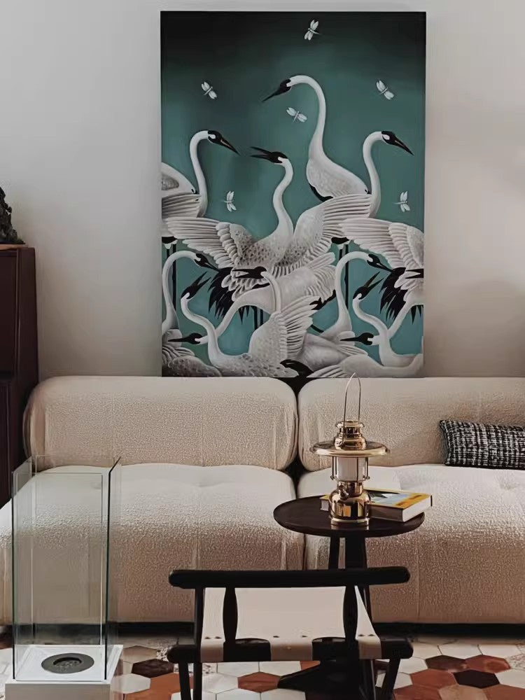 AH054 - Luxury Art Crane Art Hand-Painted Oil Painting Extra-Large Detailed Realistic "Crane Green" Decorative Entryway Art