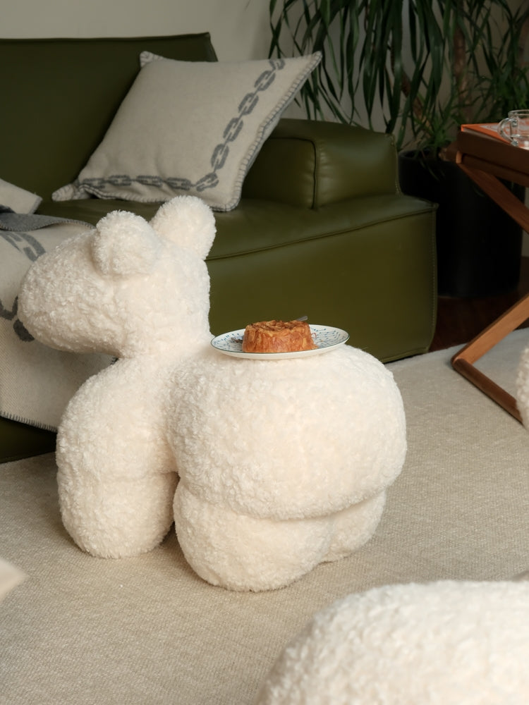 CH042 (Milk White) - Vintage Pony Chair Cream White Mumbai Imitation Sheepskin Scroll Small Pony Chair Leisure Seat Footstool