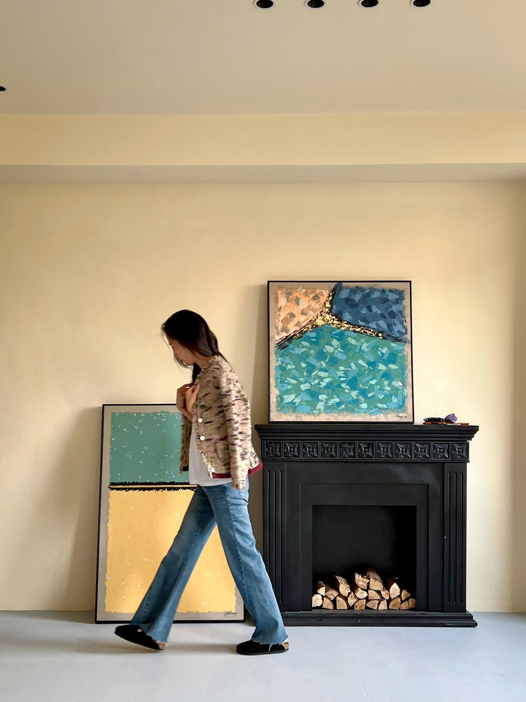 AH131-134 - Gold Foil Oil Painting "Southern France Wheat Field" Linen Base Wabi-sabi Living Room Entry Large Set Painting