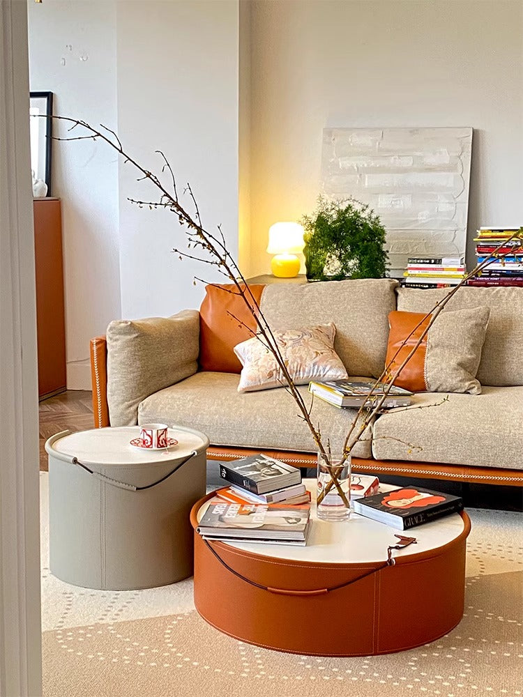 YA010 (Set) - Handmade Italian Minimalist Saddle Leather Side Table: Natural Stone, Set of Two