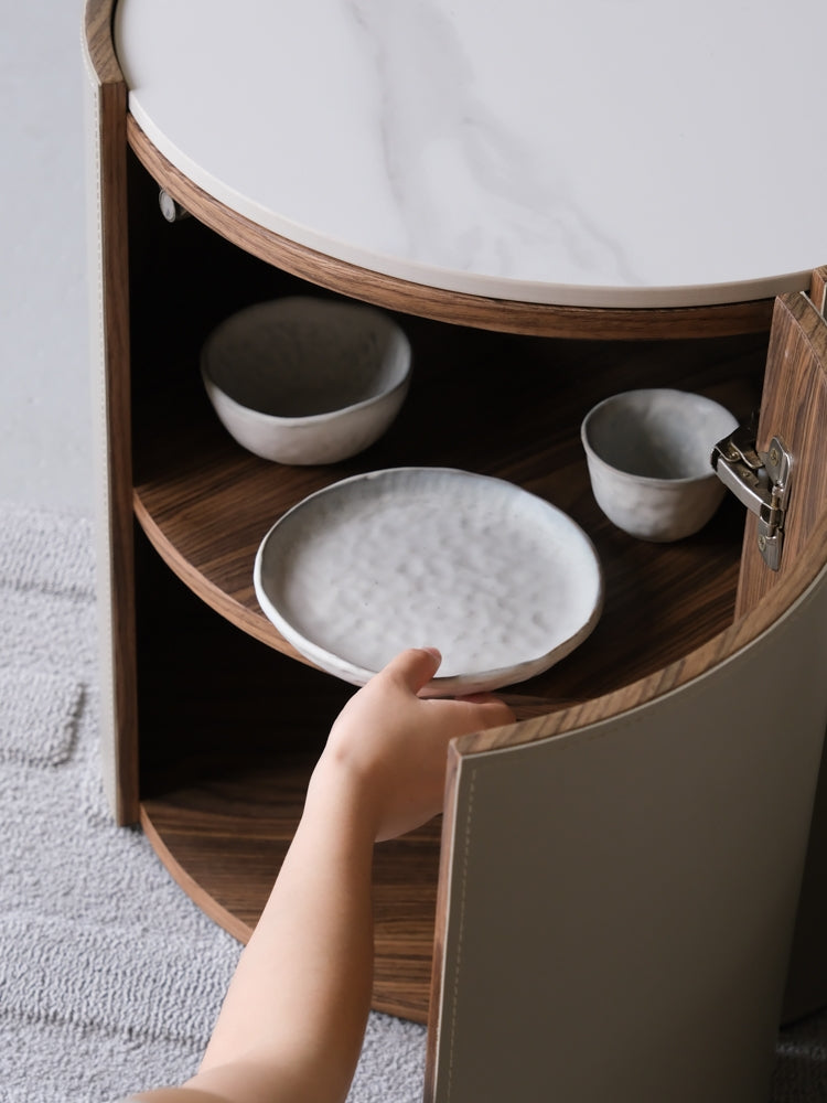 YA024 - H Glacier Grey Italian Saddle Leather Marble Coffee Table Bedside Cabinet: Modern, Simple, Luxurious