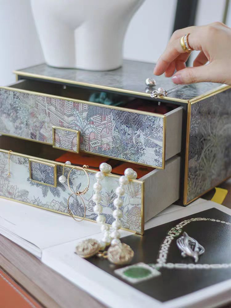 DC035 - Restored hand-painted "Jungle Blessings" scarf painting jewelry box, vintage double-layer antique storage box