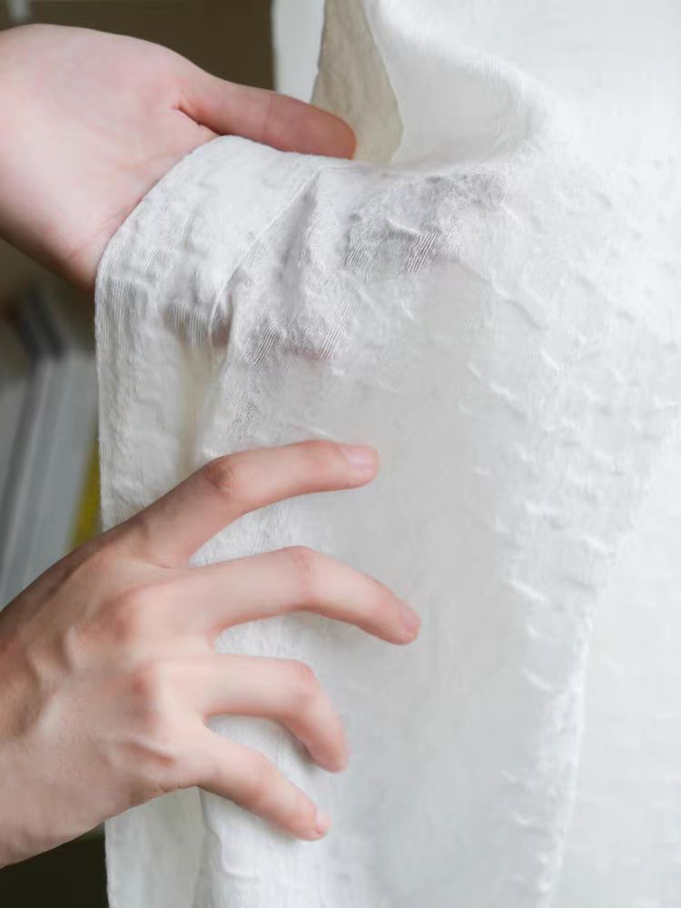 FS011 - Texture Embossed / Mother of Pearl Linen "Wrinkled Gauze" Pearl White Translucent Floor-to-Ceiling Window Curtains Sheer Curtains