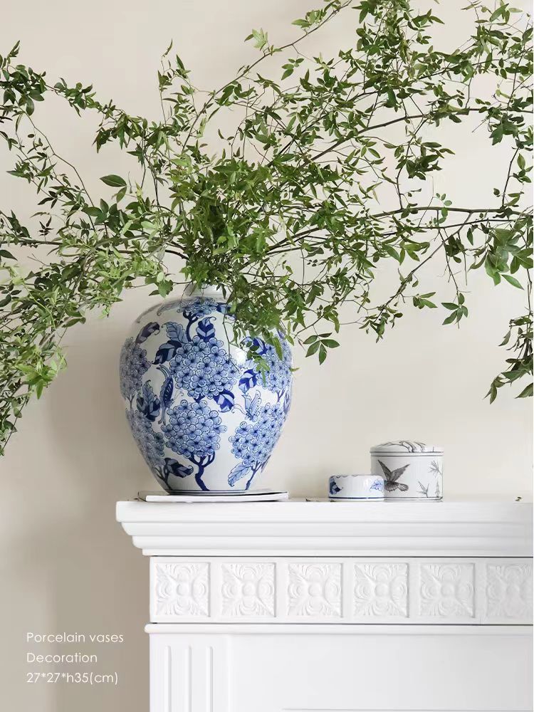 DC096 - Oriental Paris Grisaille Blue and White Porcelain "Big Belly and Fortune" New Chinese Style Vase Entrance Decoration