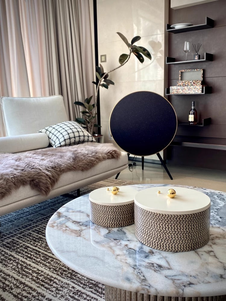 DC076 (Small) - Home Exclusive Loro Piana Chevron Copper Gold Handle Round Storage Box Living Room Sideboard Decoration