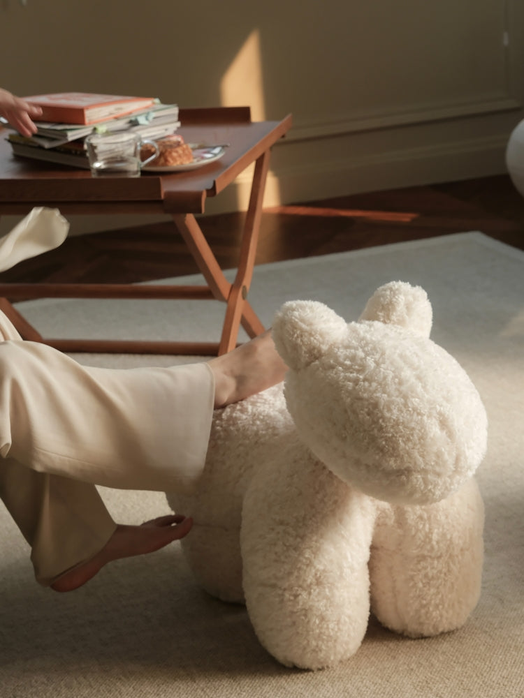 CH042 (Milk White) - Vintage Pony Chair Cream White Mumbai Imitation Sheepskin Scroll Small Pony Chair Leisure Seat Footstool