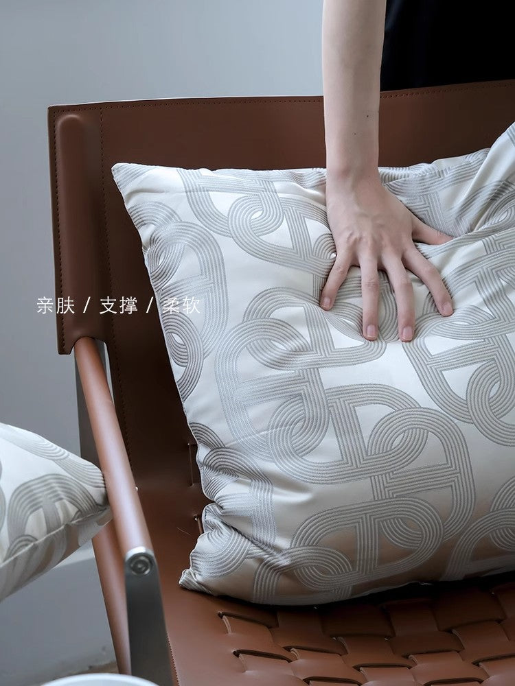 BD077 - Herm@s Embroidered "Pig Nose Lock" Pillow: Gold and Silver Threads, Champagne Cream