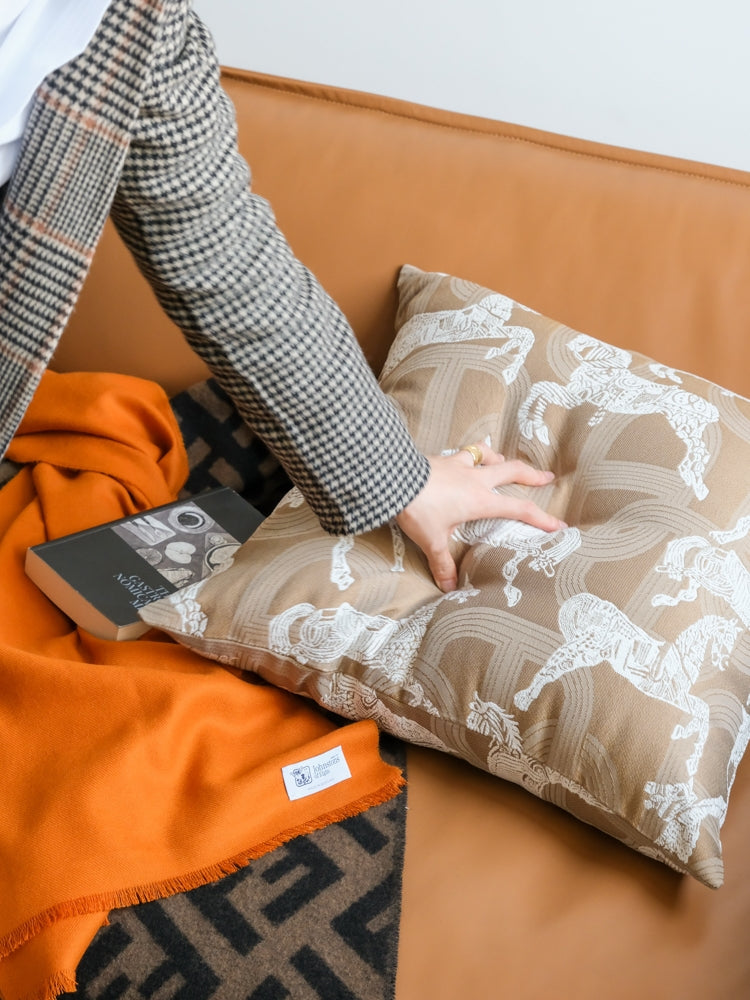 BD058 - Embroidered "Royal Horses" 3D Jacquard Wheat Color Throw Pillow