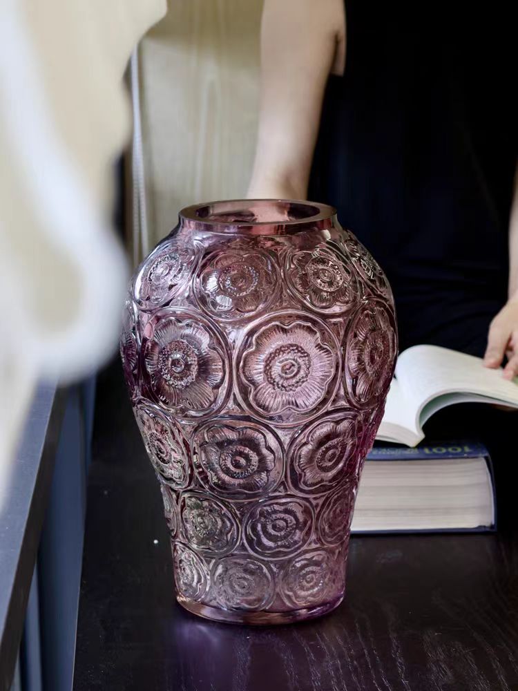 DC149 - Home Decor French Embossed Glass "Collection Silver Lotus" Crimson Purple Crystal-like Vintage Vase Living Room Decoration
