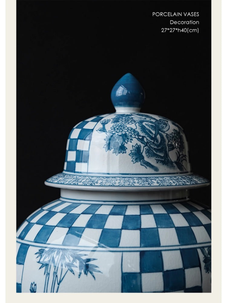 DC092 - Home Decor "Double Happiness" Blue and White Porcelain Chessboard General Jar Storage New Chinese Style Decoration Vase
