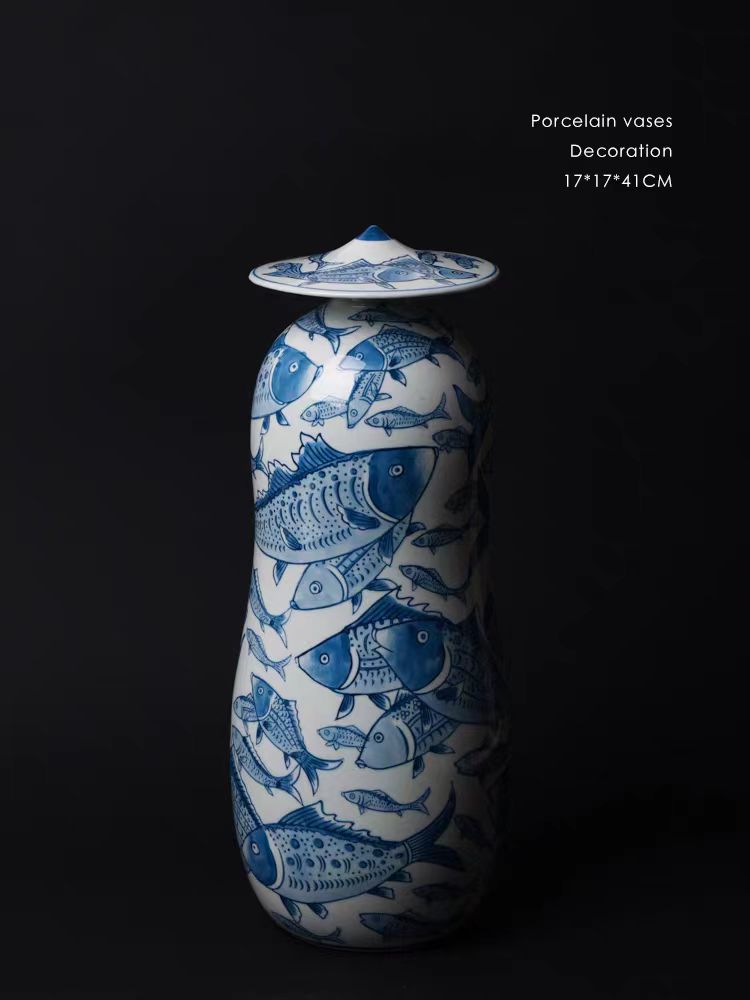 DC093 (Set) - Oriental Paris Grisaille Blue and White Porcelain "Surplus Every Year" New Chinese Style Vase Set Entrance Decoration