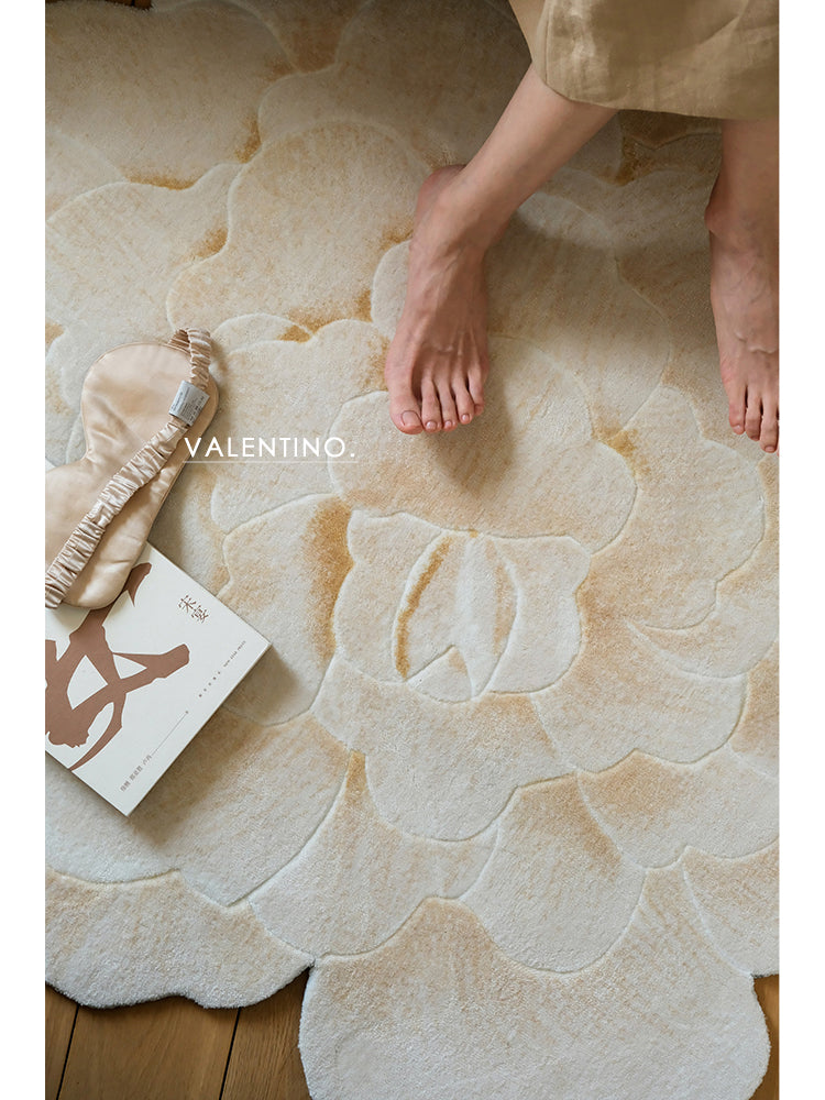 CP073 - V*lentino "Golden White Peony" 3D Hand-carved Bedside Carpet Entrance Mat Mirror Small Carpet