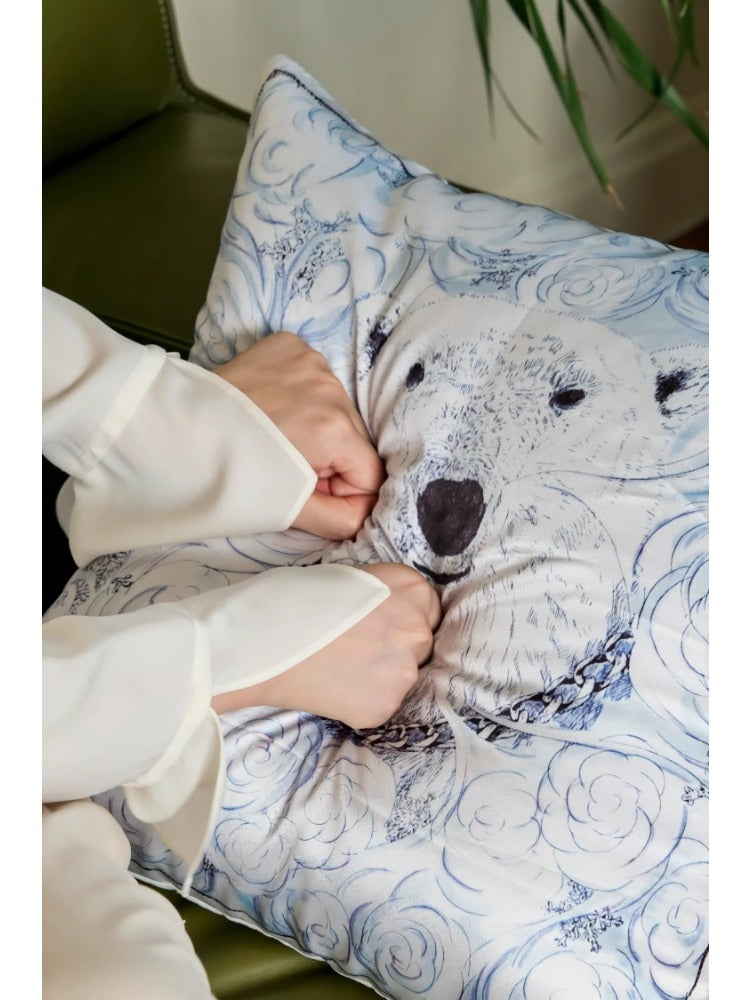 BD063 - Exclusive Healing "Polar Bear and Blue Rose" Silk Pillow