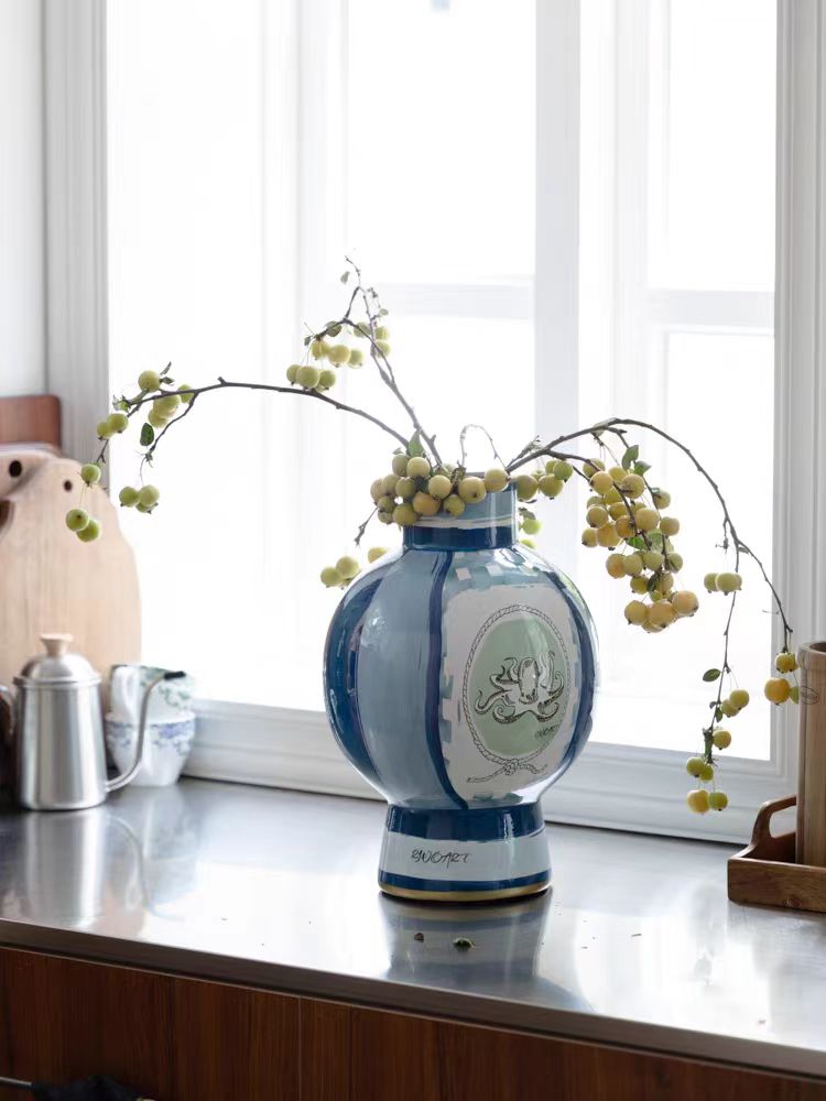 DC131 - Home Decor ITALY. Antique Blue and White Porcelain "Smooth Sailing" Hand-painted Underglaze Color Porcelain Vase with Good Implications