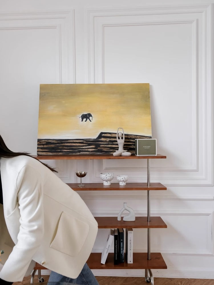 AH141 - Oil Painting "Running Elephant" Wabi-sabi Bicolor Minimalist Warm Living Room Bedroom Art