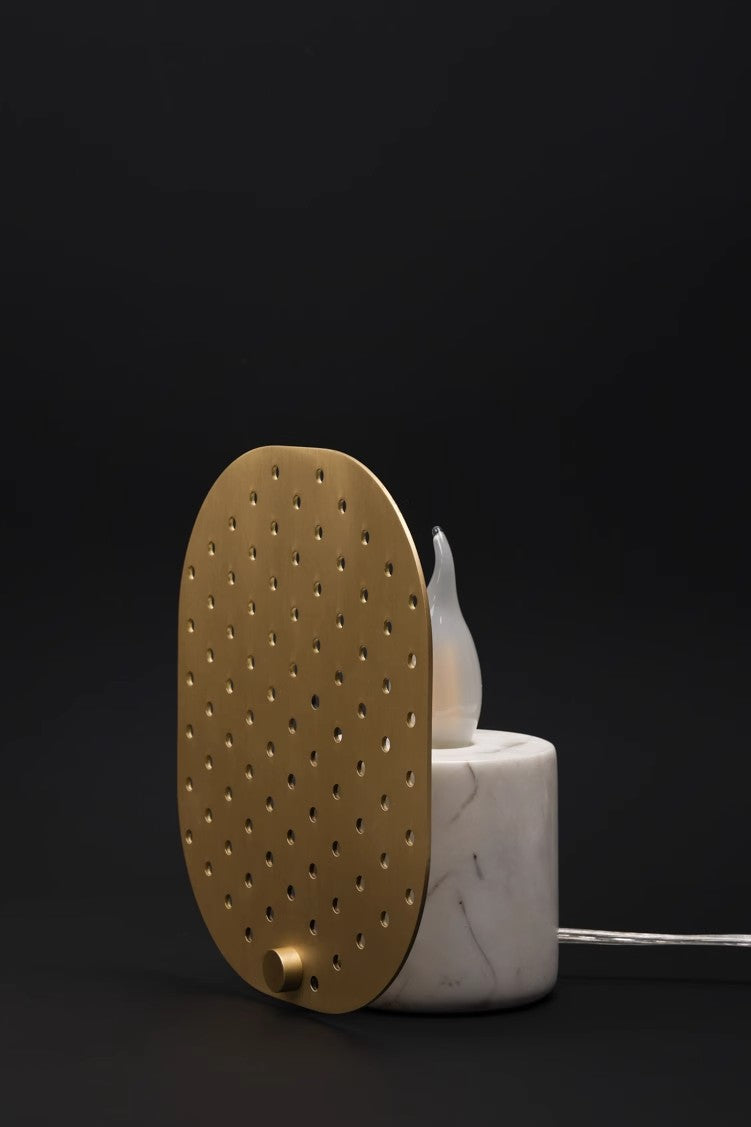 LA038 - Furniture Italian Natural Marble + Brass Hollow Screen Table Lamp Imitation Candlelight Night Light Ambience Lamp
