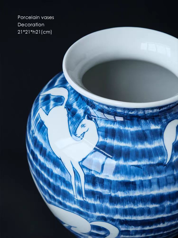 DC097 - Oriental Paris Blue and White Porcelain Grisaille Hand-painted Ink Blue "White Horse Crossing the Gap" Color Porcelain Vase