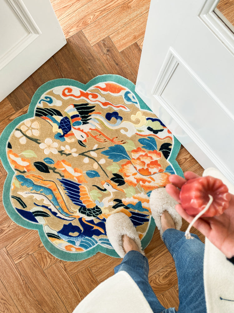 CP065 - New Chinese National Tide "A Dream of Dunhuang" Colorful Phoenix Embroidery Peach-shaped Entrance Mat Bedside Blanket