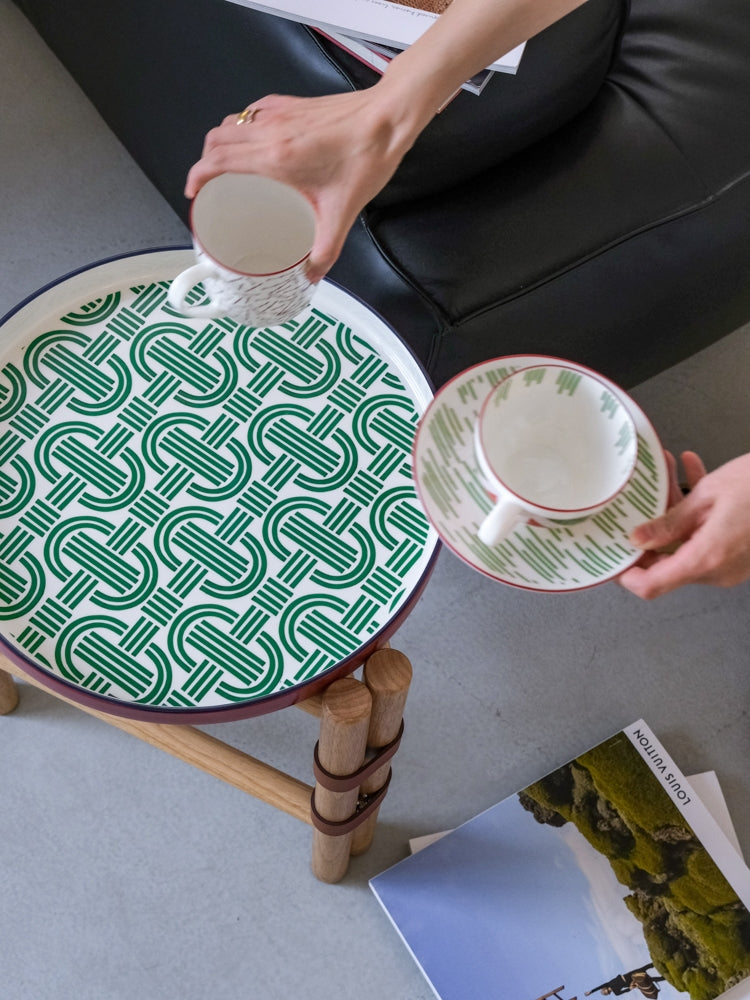 YA019 - Side Table - Vintage Olive Green Pig Nose Lock Chain Porcelain Solid Wood Top Grain Saddle Leather Detachable Tray Living Room Coffee Table