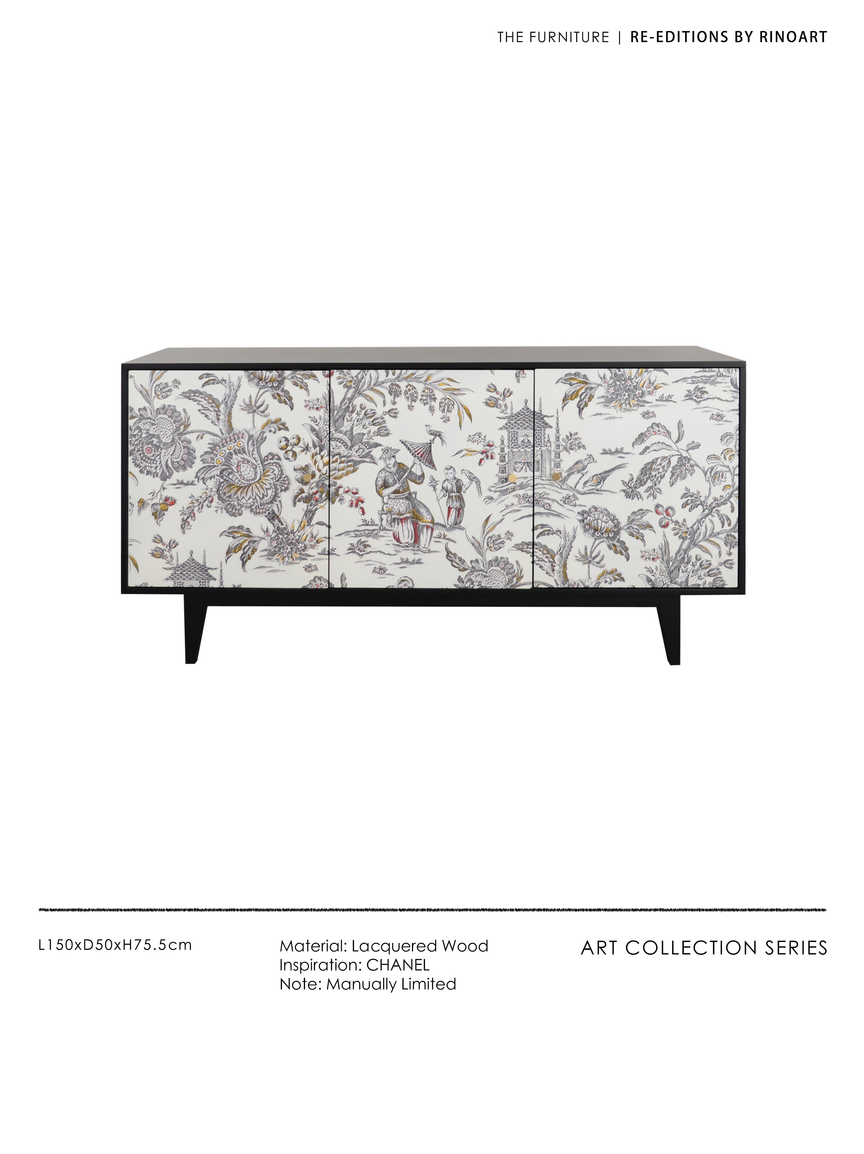 GA008 - Collectible Lacquered Hand-painted COCO Lady Vintage French Side Cabinet "Oriental Dream" Cream Black