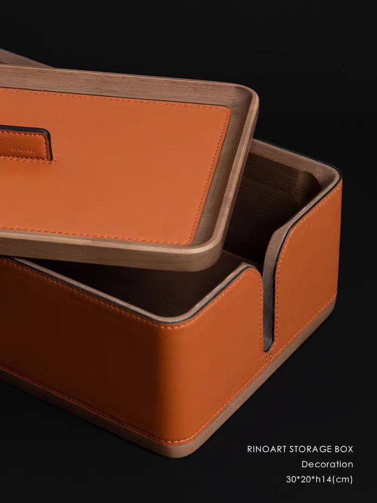 DC275 - Home Decor Hidden Plug Box! HDeco saddle leather solid wood large-capacity wire box desktop storage box
