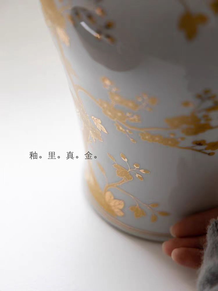 DC277 - Home Decor Ralph Laur*n Vintage "Glaze with Gold Foil" Series / Genuine Gold Hand-painted Decal Flower Vase
