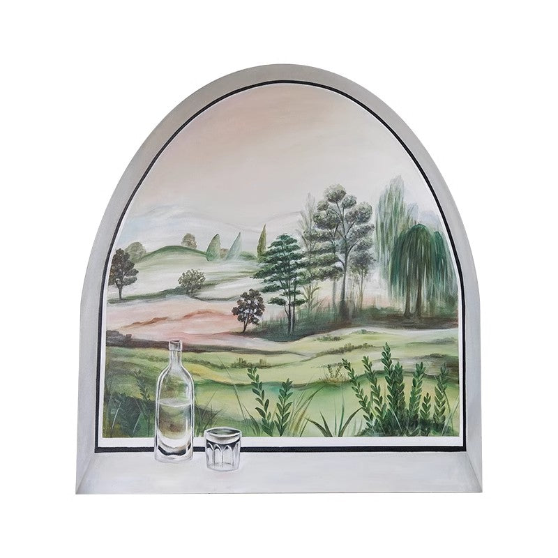 AH115 - Arched "Window Scenery" Hand-Painted Green Scenery Art Living Room Bedroom Wall Painting