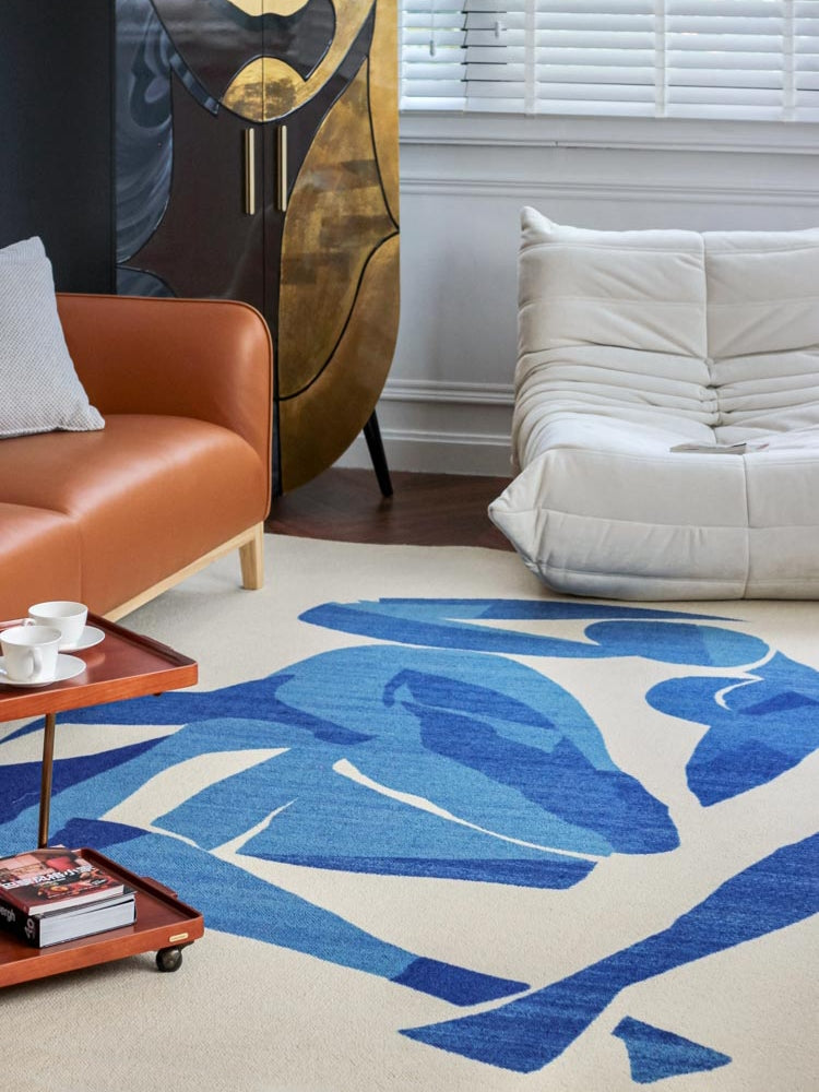 CP038 - Moroccan Wool Carpet "Matisse's Blue" Imported Living Room Beige Abstract Art Carpet