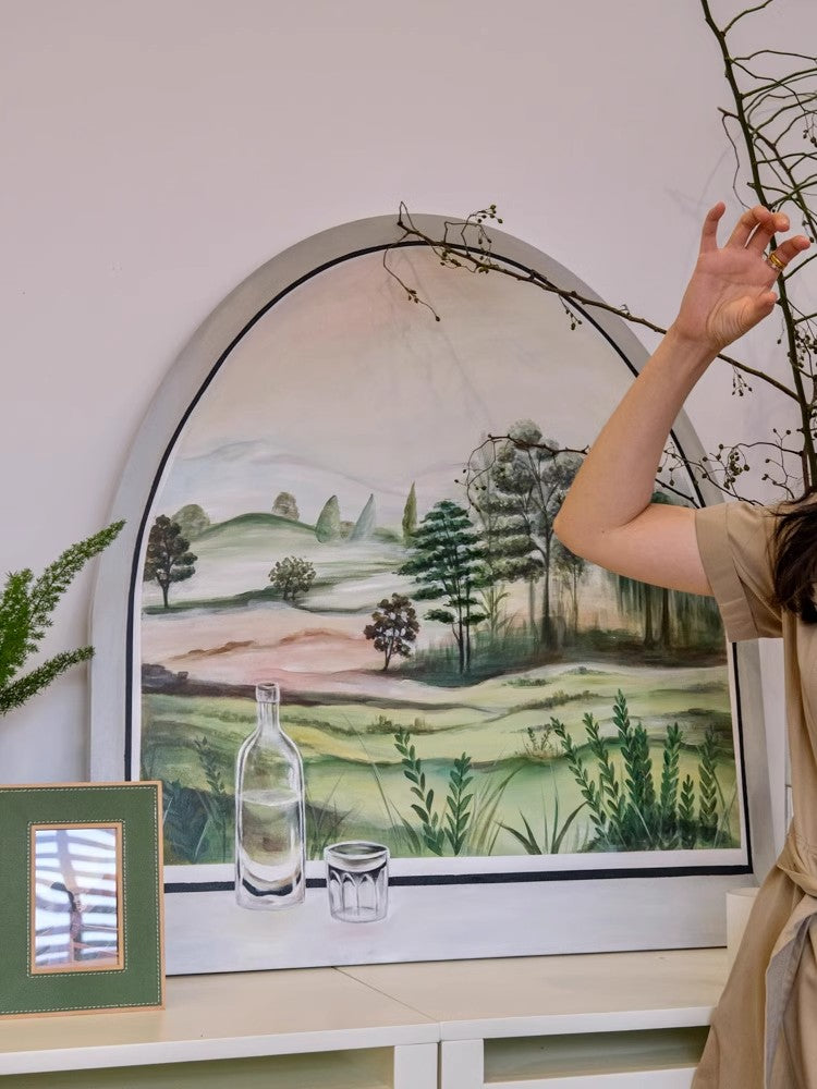 AH115 - Arched "Window Scenery" Hand-Painted Green Scenery Art Living Room Bedroom Wall Painting