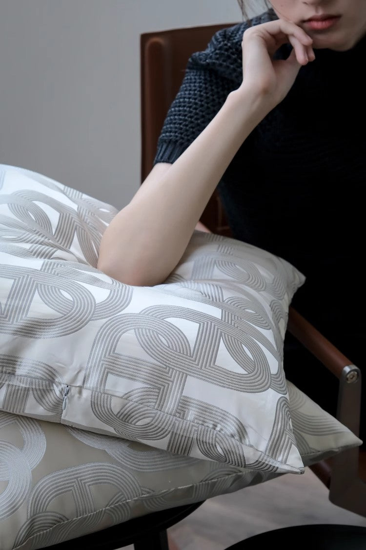 BD077 - Herm@s Embroidered "Pig Nose Lock" Pillow: Gold and Silver Threads, Champagne Cream