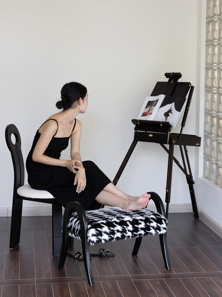 CH089 - Shoe Changing Stool - Solid Wood + Mink Series Black and White Mink Multi-functional with Footrest