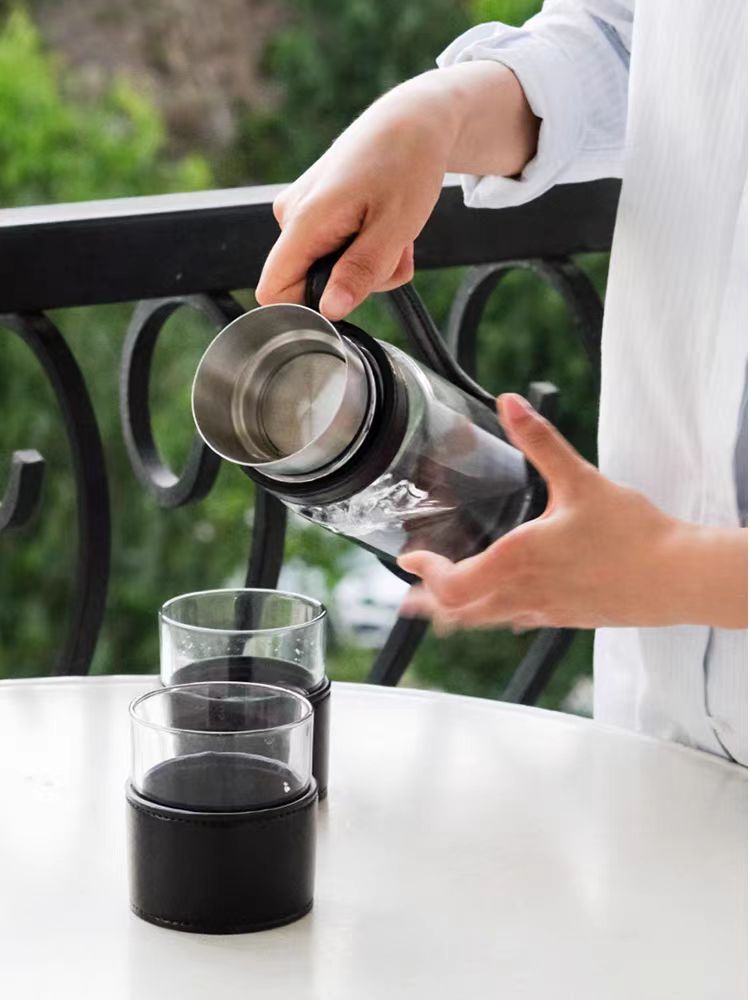 DC219 (Set) - H Deco Series Set of 1 Jug and 2 Cups/With Tea Filter! Saddle Leather Dual-color Cold Water Jug Large Capacity Tea Pot