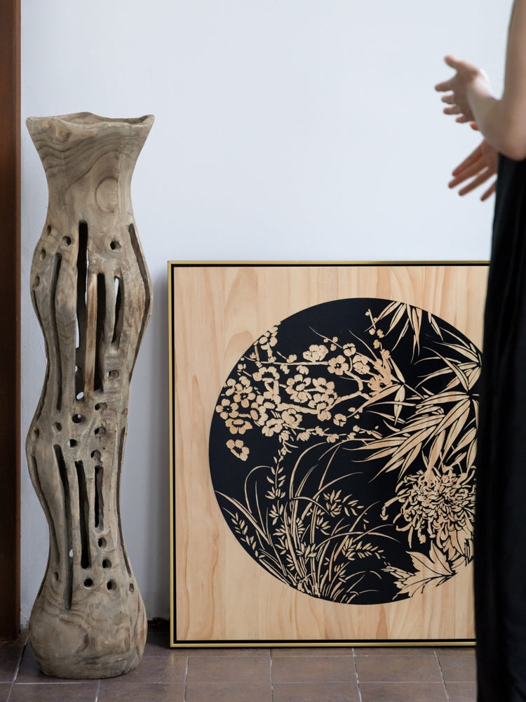 AH227 - Exhibition Debut! Hand-carved Wooden Relief "Flower Blossoms Moon Full" Living Room Art