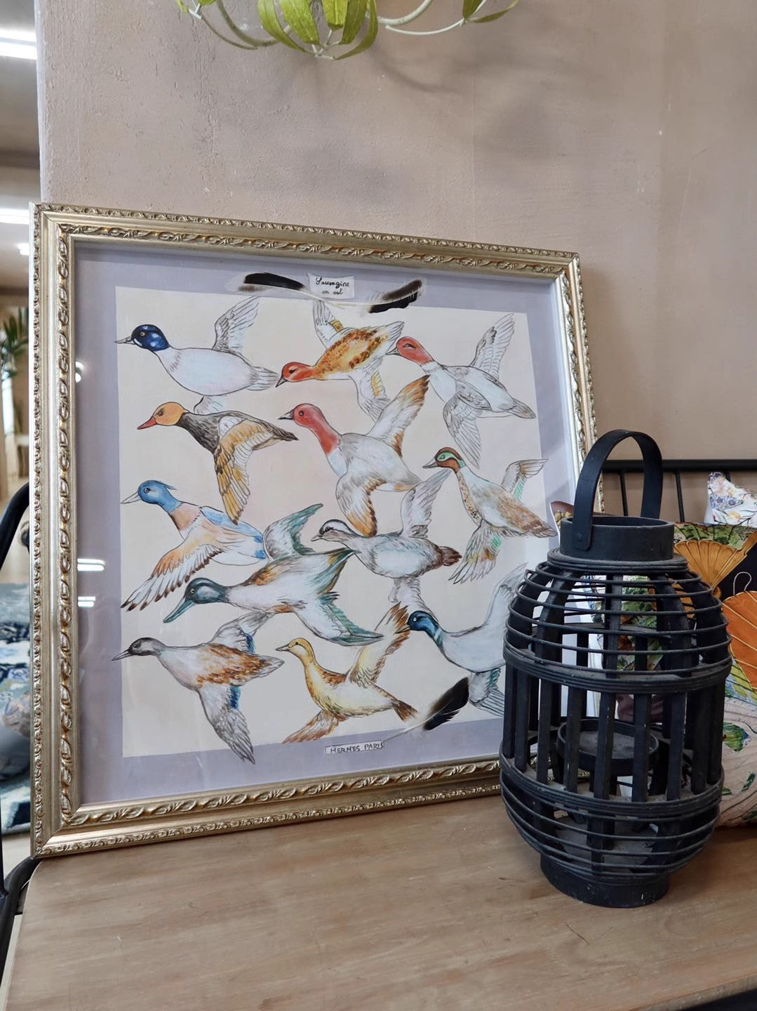 AH050 - Luxury Art Silk Scarf Painting with Genuine Feather Inlay, Unique Décor