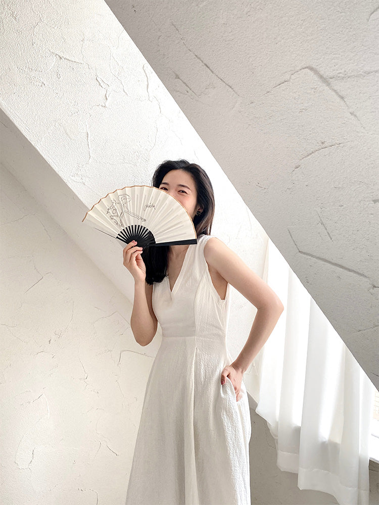 AH110 - Vintage Miss Dio* Hand-painted Folding Fan Western Black and White Decorative Fan