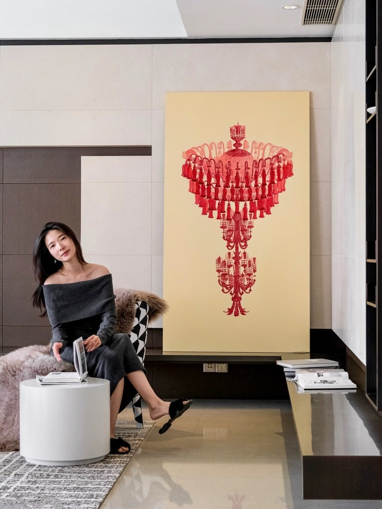 AH139 - Italian Gem Red Hand-Painted "Crystal Chandelier" Artwork