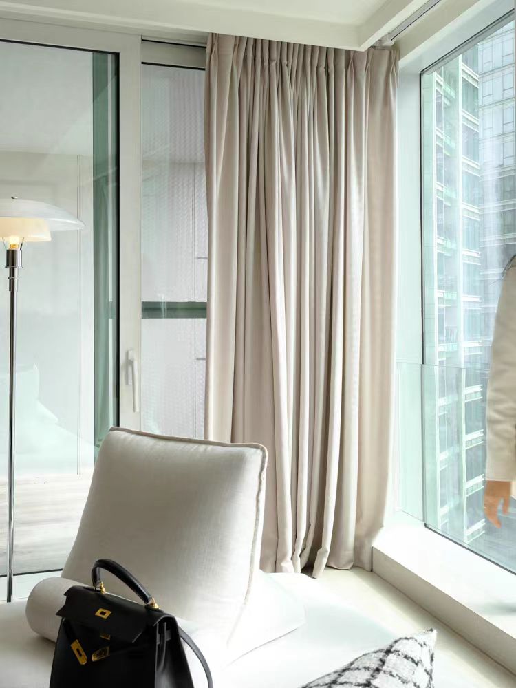 FA004 - Home Herm@s Blackout Cream Solid Linen-Like Living Room Bedroom Floor-to-Ceiling Blackout Curtains