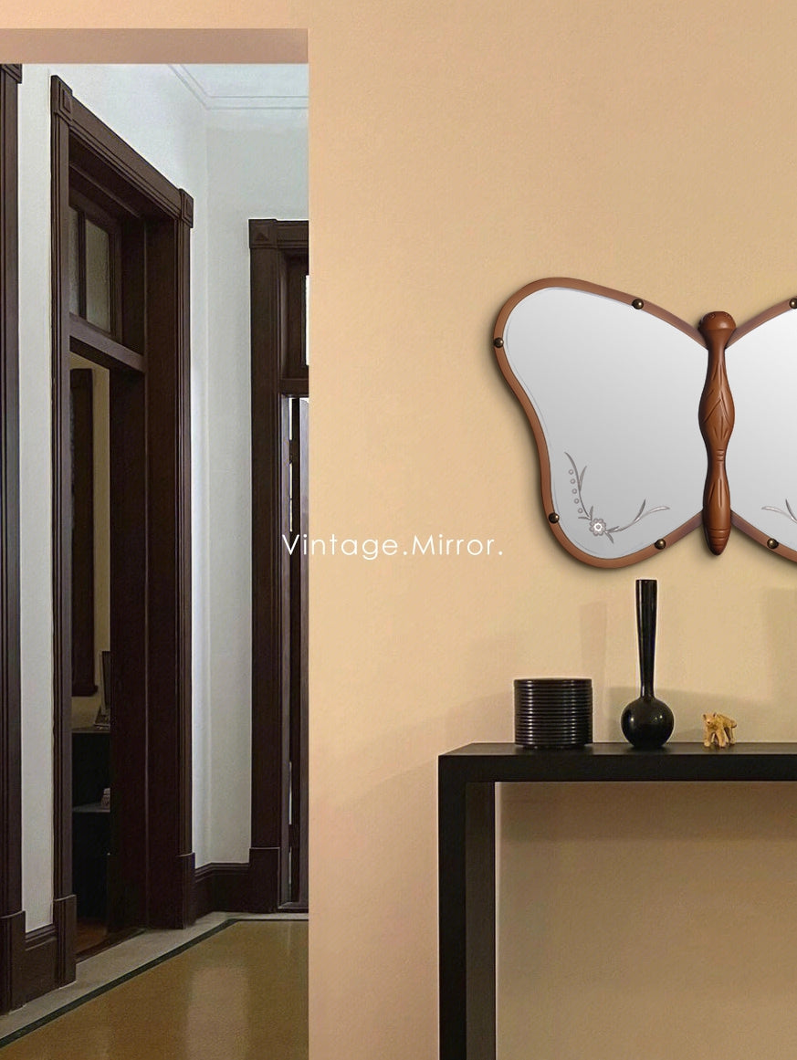 DZ017 - Vintage Solid Wood Mirror 1970 "Madame Butterfly" Hand-Carved French Vanity Mirror Half-Length Mirror Entrance Mirror
