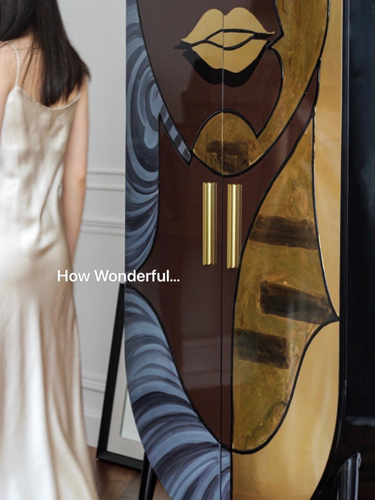GA011 - Art Deco Genuine Gold Foil! Art Cabinet Matisse "Lovers" Lacquered Wood U-shaped Side Cabinet